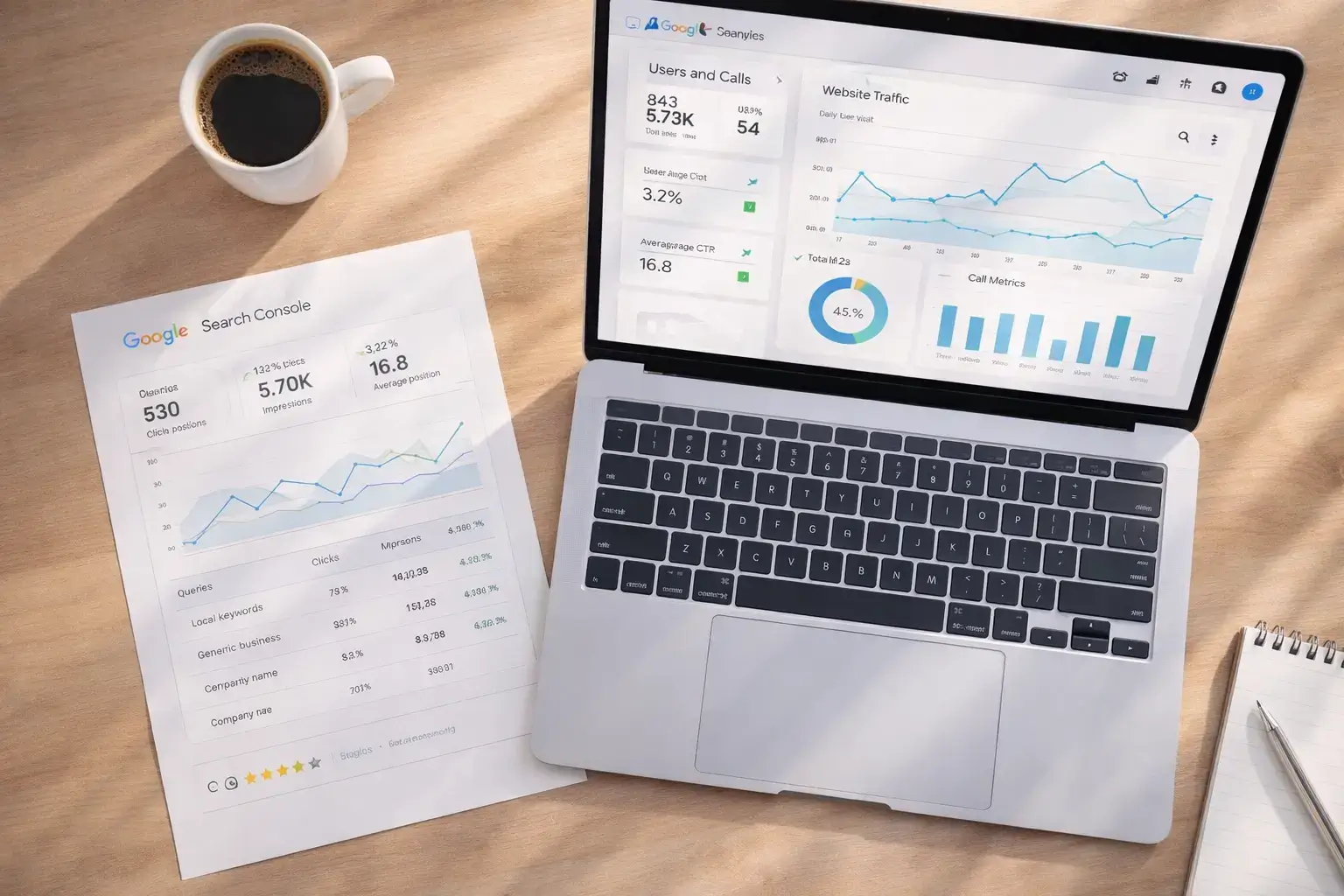 google search console and website analytics dashboard showing traffic growth and performance metrics on laptop
