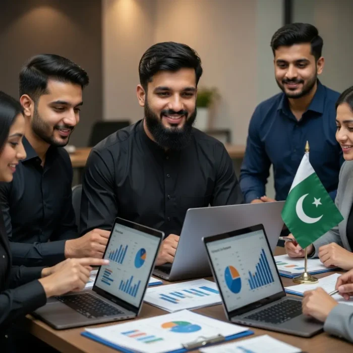 digital marketing team analyzing seo and business data on laptops in pakistan office