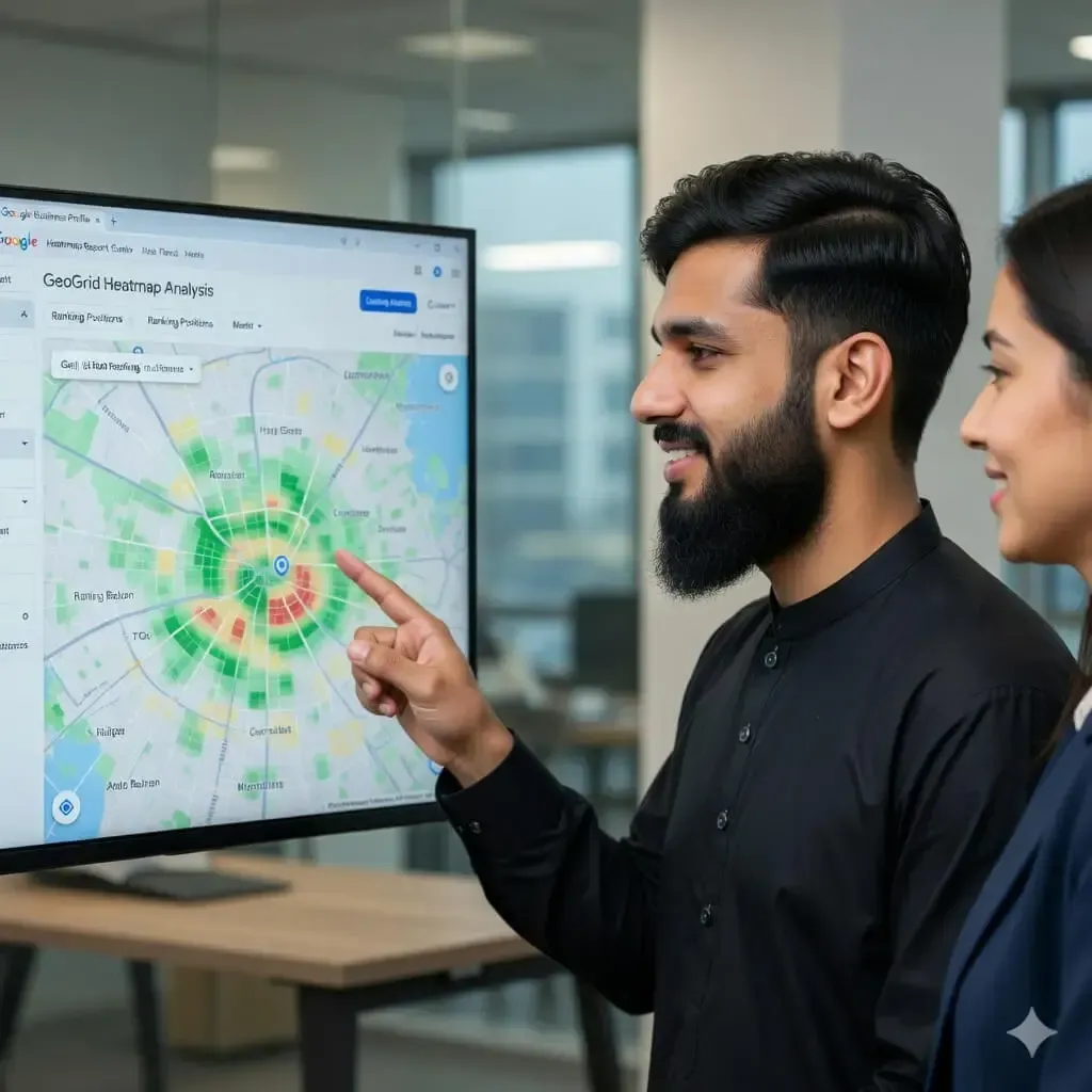 local seo expert analyzing geo grid heatmap for google business profile ranking