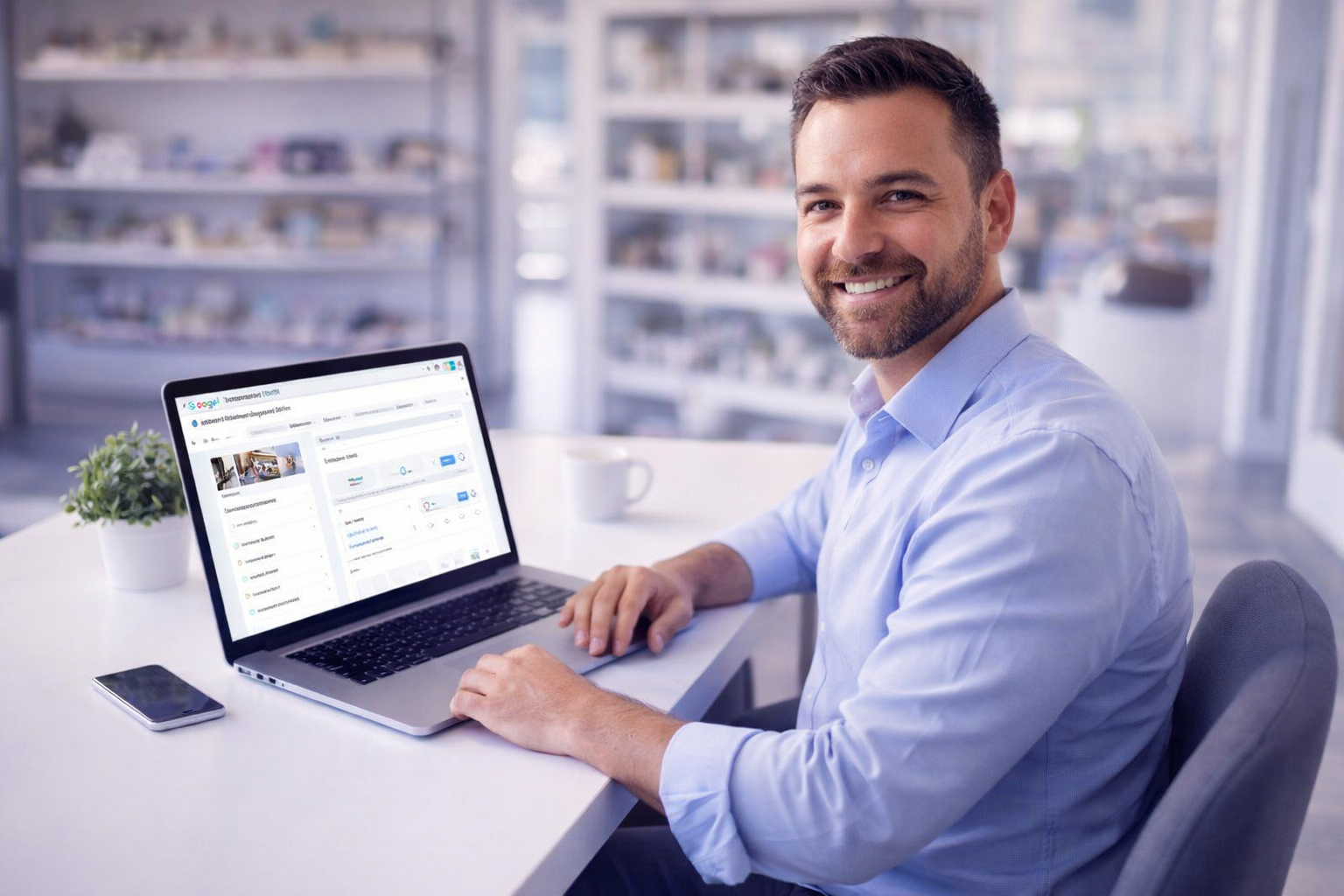 small business owner optimizing google business profile on laptop