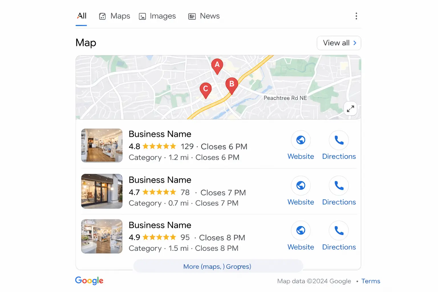 google maps local pack search results showing top three business listings