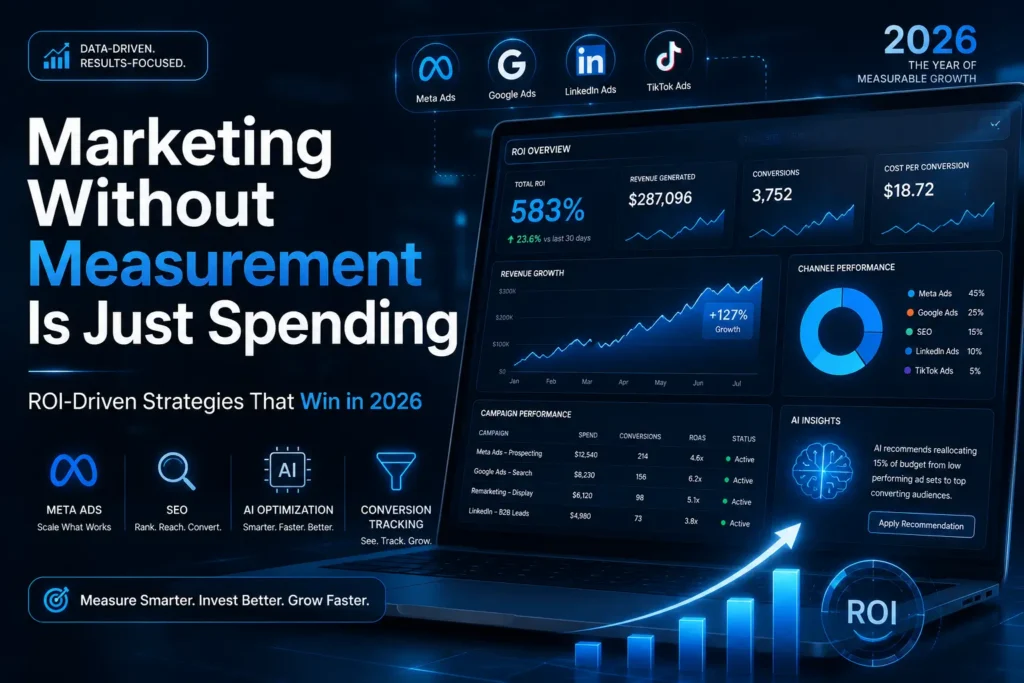 Digital marketing analytics dashboard showing ROI tracking, social media metrics, AI-powered campaign optimization, and business growth charts representing data-driven marketing strategies in 2026.